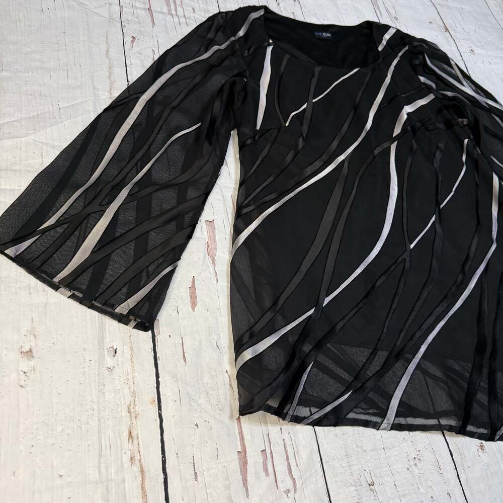 Eva Blue Plus Black Sheer Overlay Blouse Asymmetrical Hem Size L - Picture 4 of 7